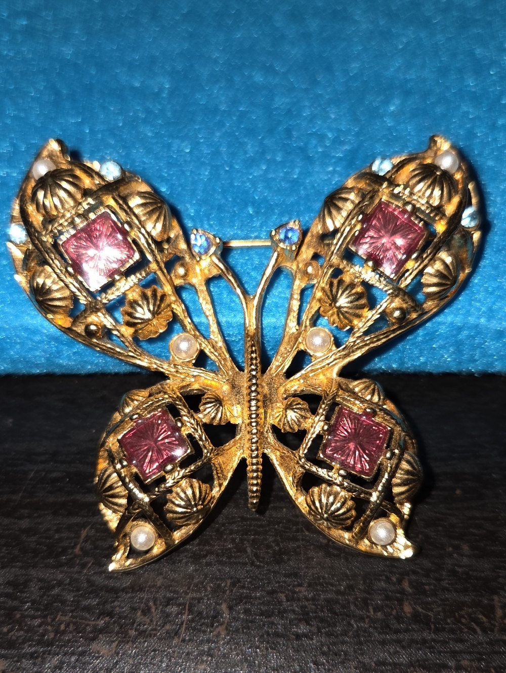 Vintage Gold Butterfly Brooch with Pink Enamel And Faux Pearls Design